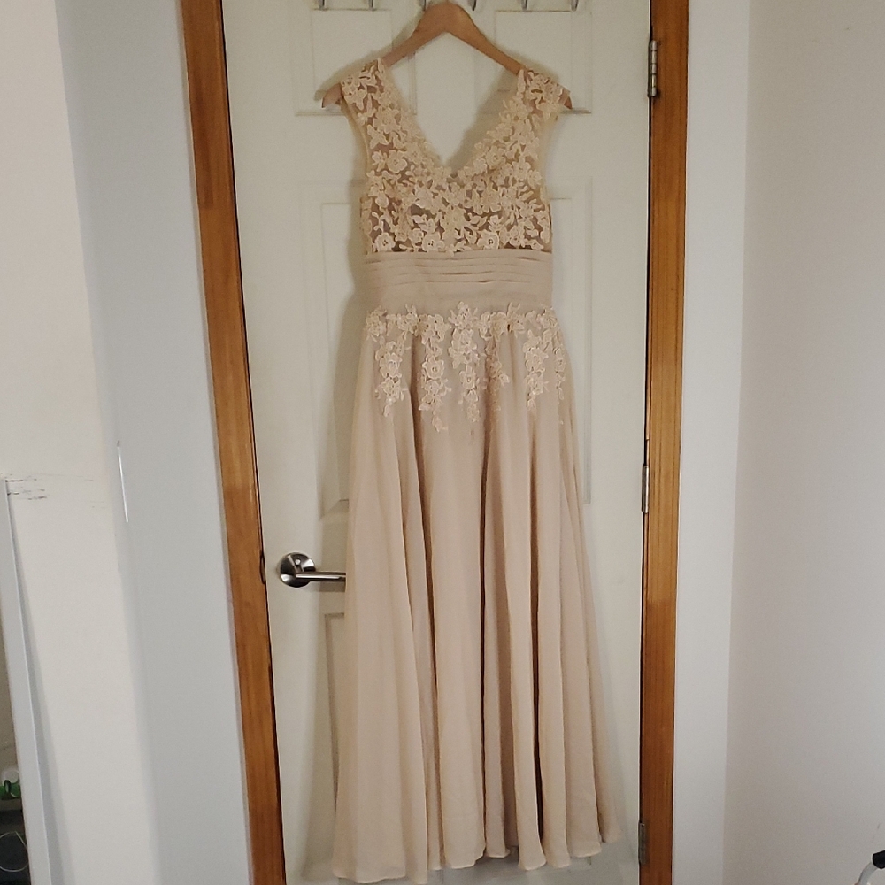 Champagne Women's Lace Applicate Mother of the Bride V-Neck Long Formal Gown